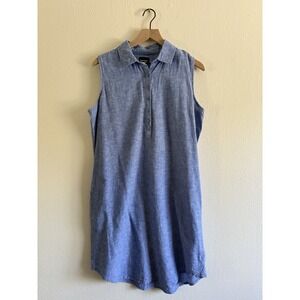 Basic Editions Sleeveless‎ Collared Blue Linen Blend Shift Dress